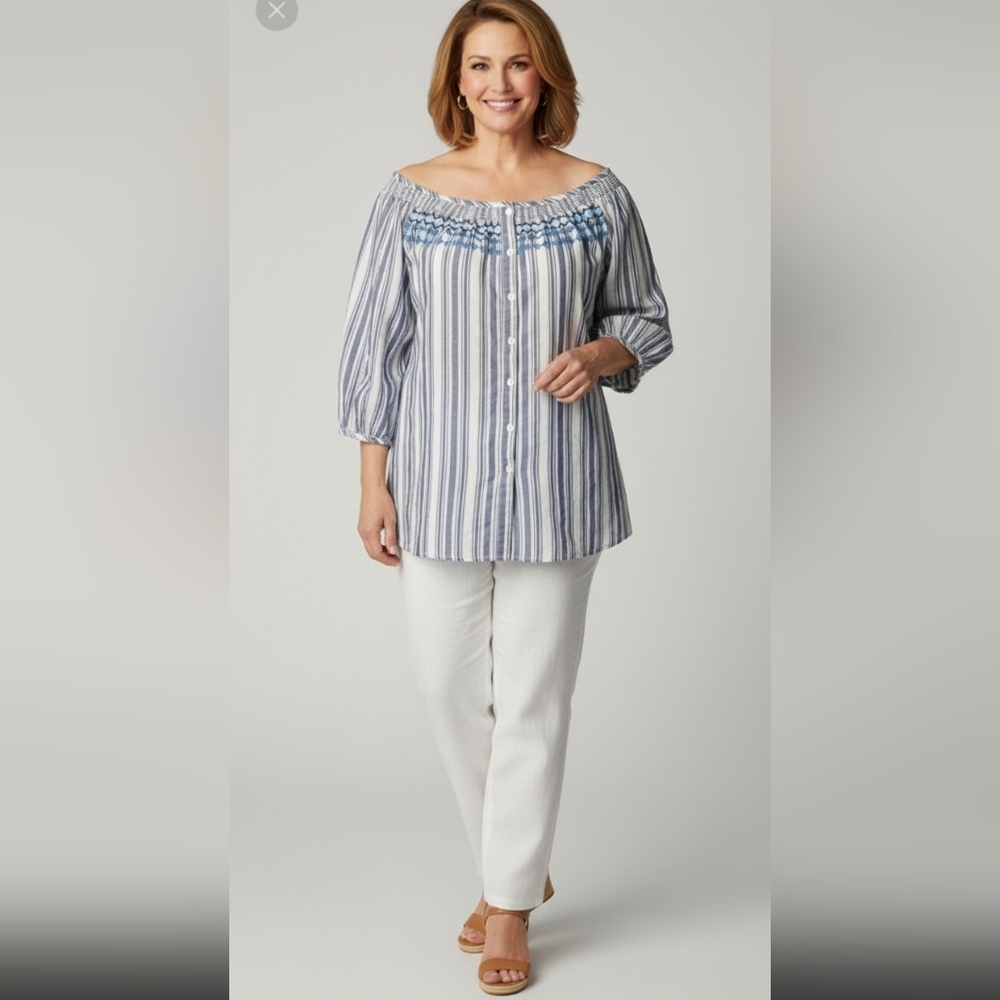 CATHERINES Plus Gray/White striped floral embroidered Print Blouse Sz 1X  boho